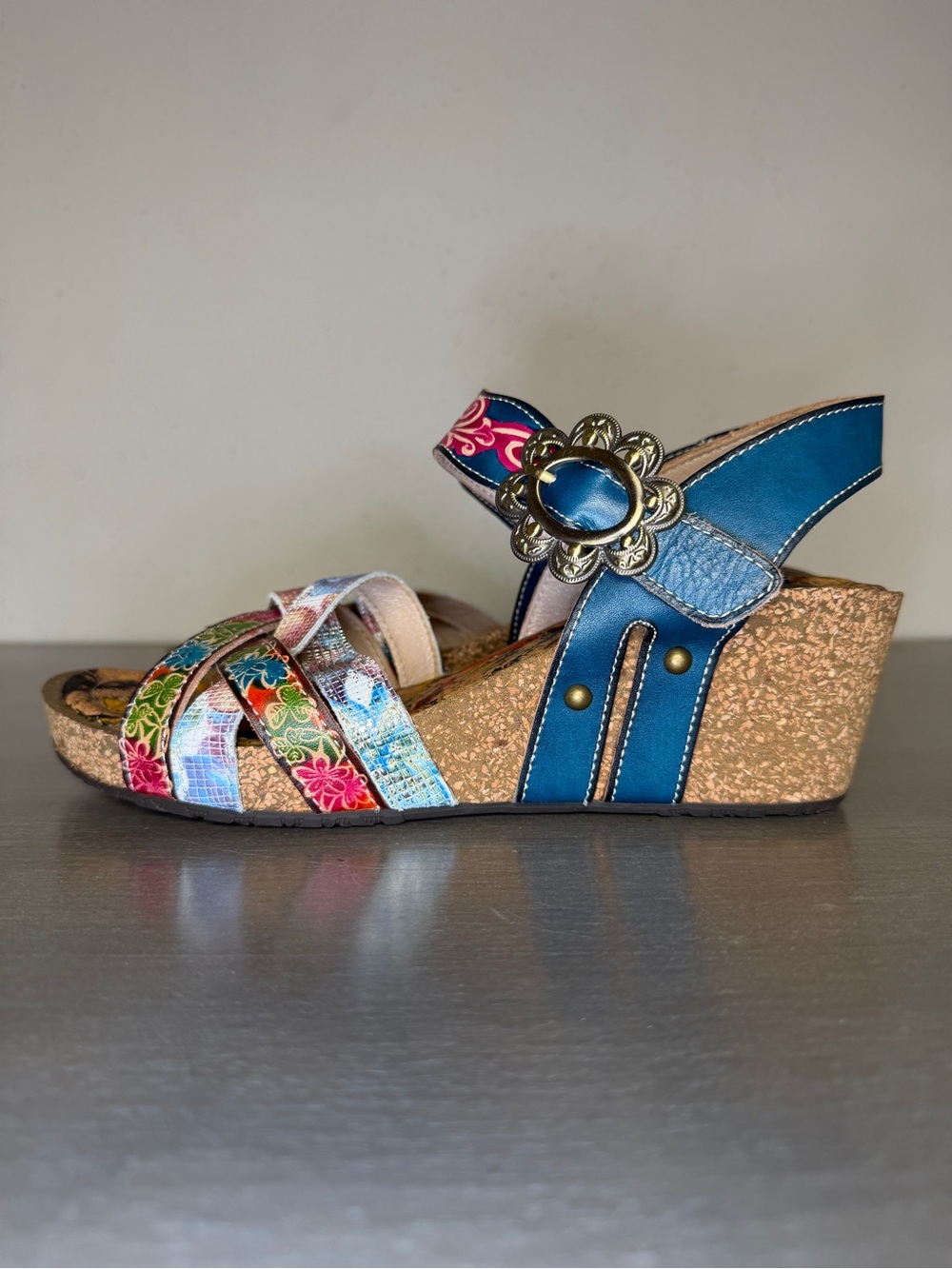L'Artiste Audrie Spring Step Floral Strappy Leather Cork Wedge Sandals US 7 - Picture 3 of 11